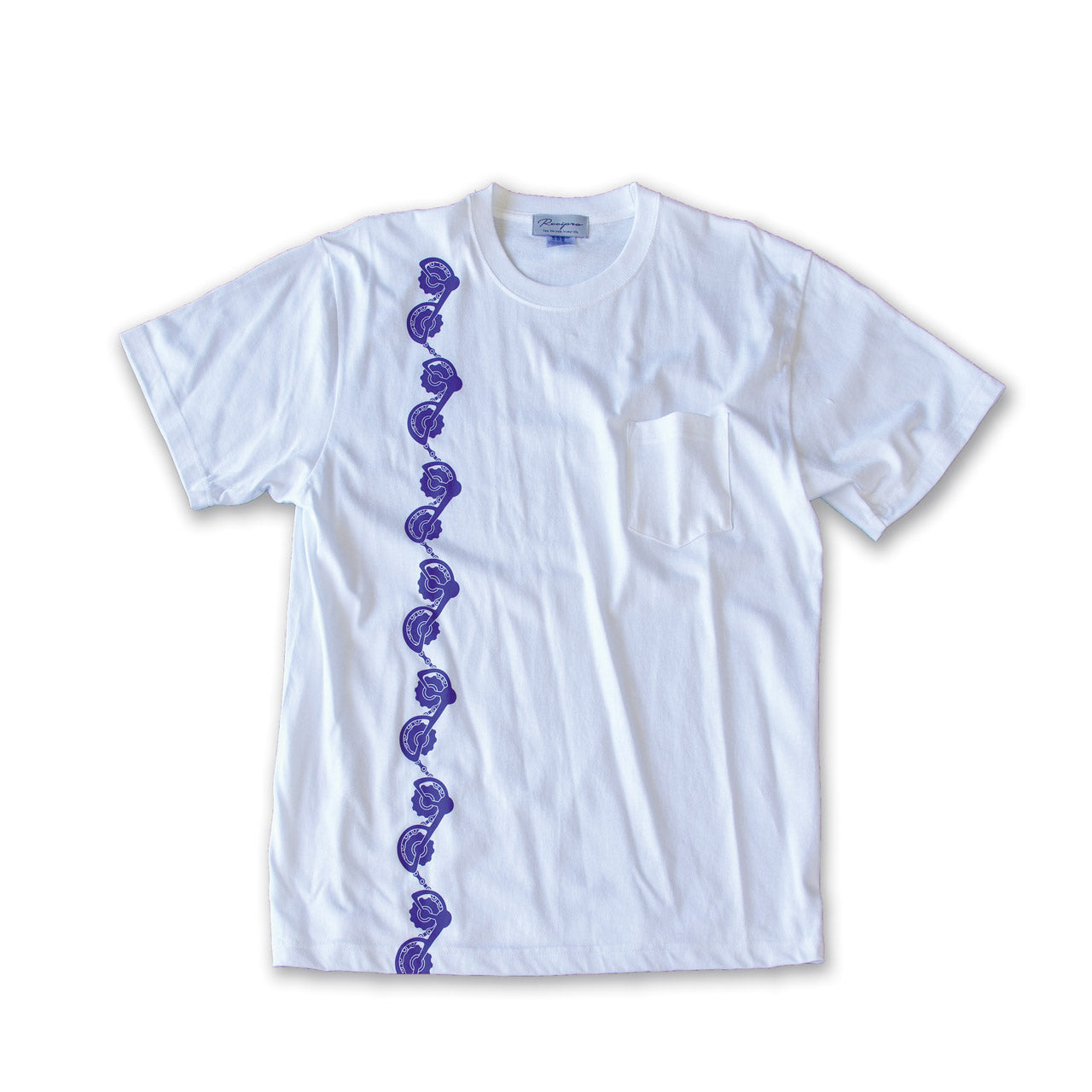 ディレーラー柄メンズTシャツ(胸ポケット付き)(ホワイト×ラベンダー・S)